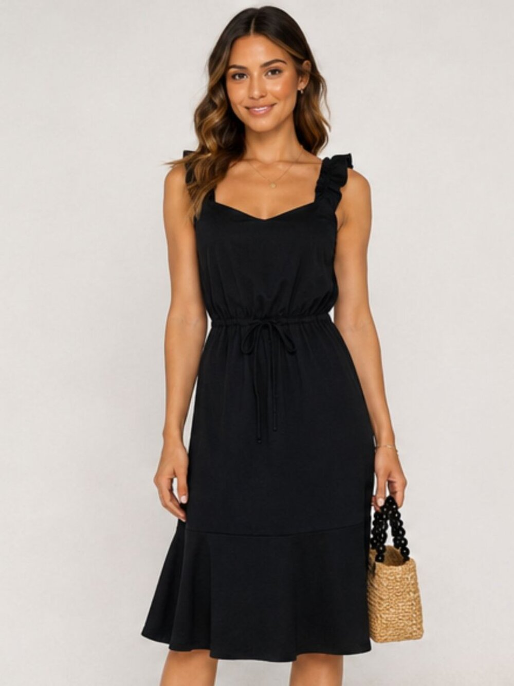 Who What Wear Black Ruffle Strap Tie Waist Midi Dress XS